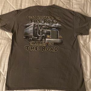 Vintage T-Shirt. Unisex. Size Large. Gray. Soft, comfy. Trucker theme.